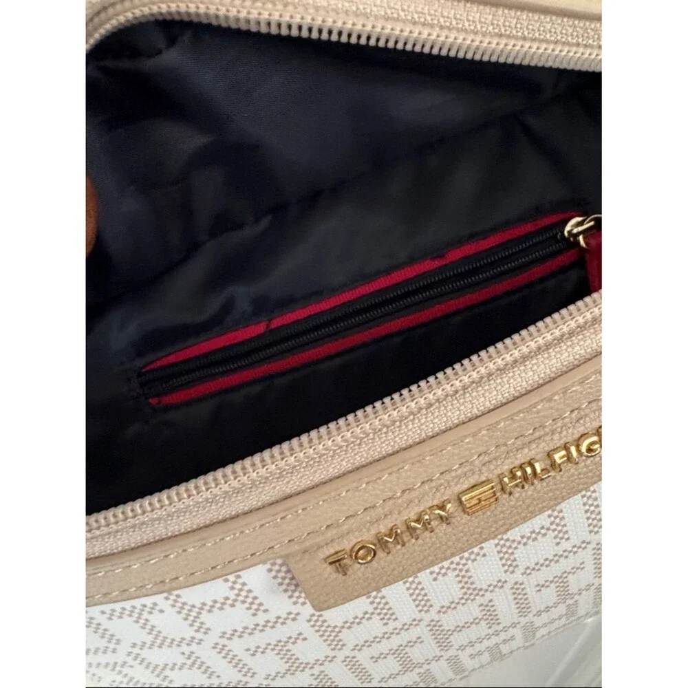 Tommy Hilfiger Beige Monogram Laptop Crossbody Bag